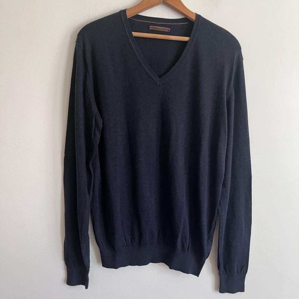 Massimo Dutti Black V neck Cotton Cashmere Blend Sweater